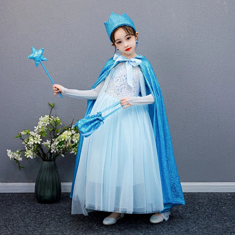 Girls cotton lined cloak with double-breasted lace front, M size 80cm length