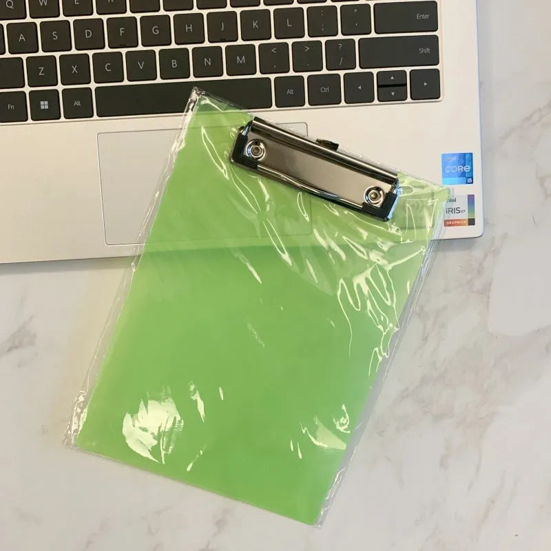 Transparent A4 writing board pad with metal clip holding documents, available in blue, green, red, and white colours