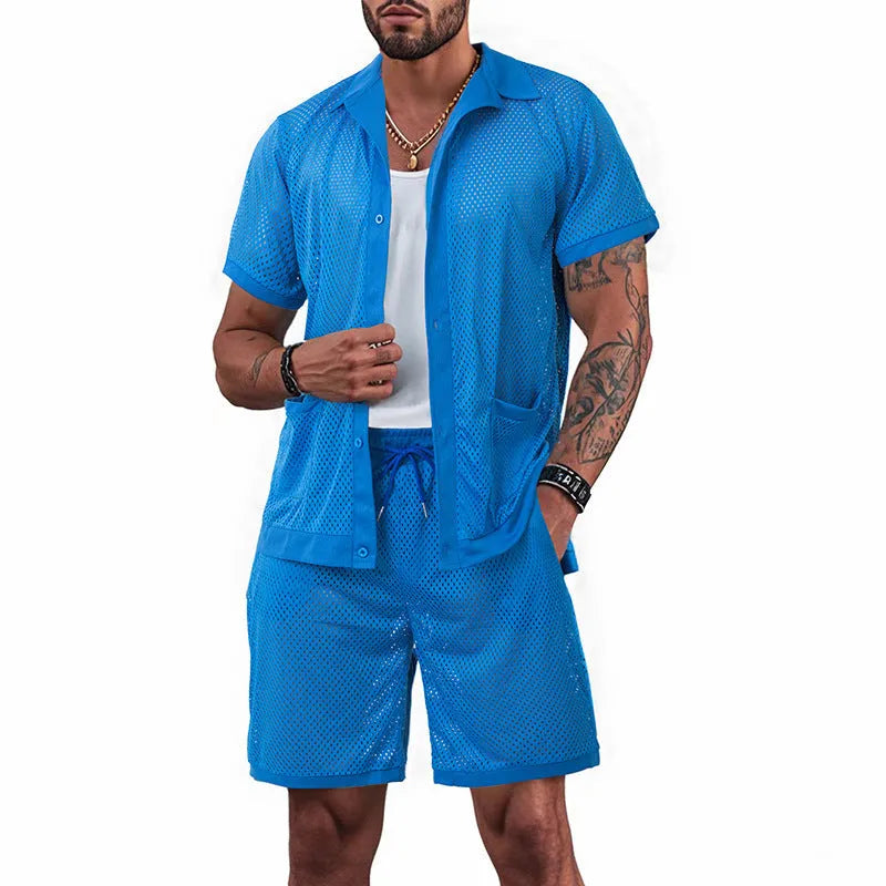 Lightweight women's beach shorts suit set in lake blue, showing short sleeve jacket and matching shorts.