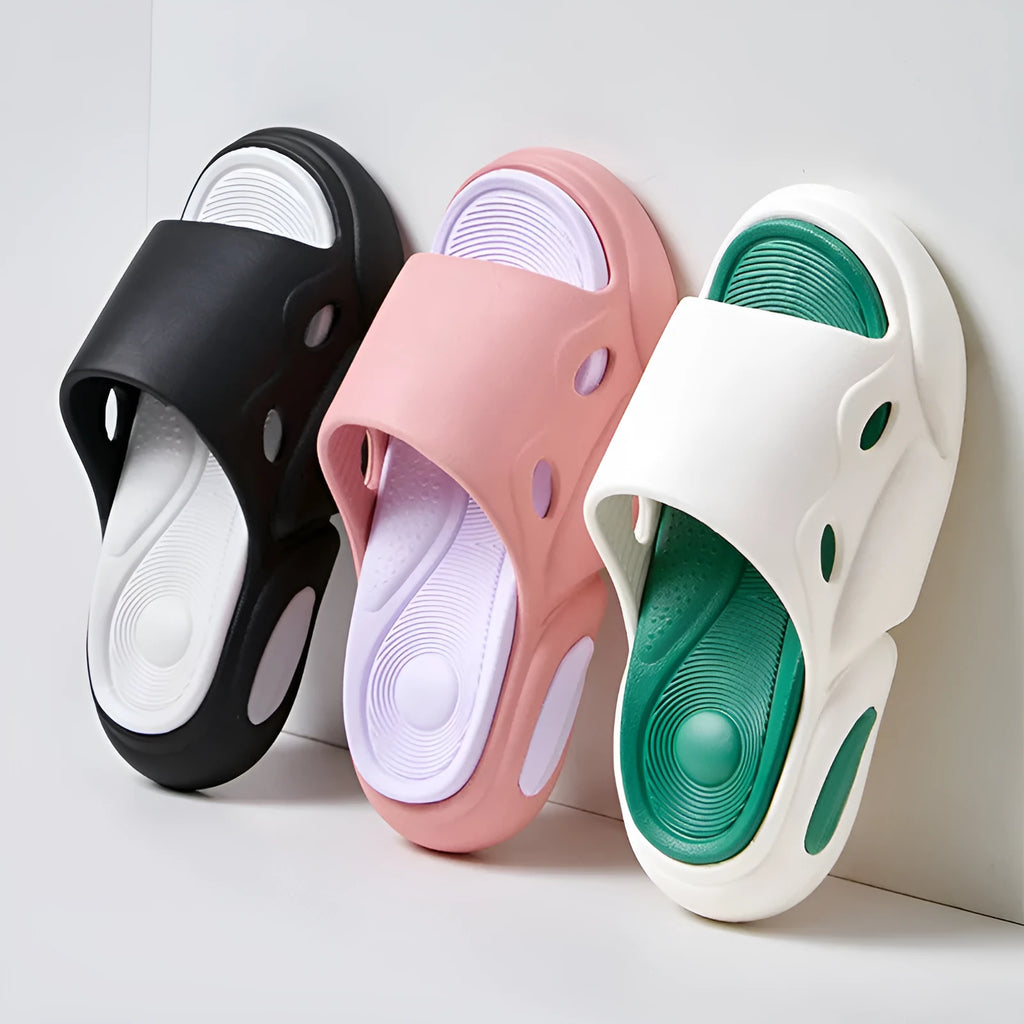 Women's and men's two-colour thick-soled EVA slippers shown in pink purple, white green, and black white colour options.