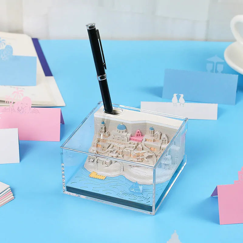 Romantic Santorini 3D notepad paper carving building model showing beach scene cover design