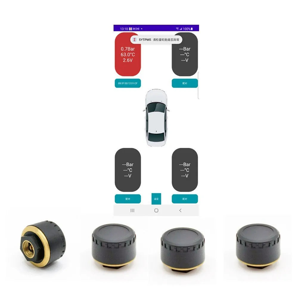 Bluetooth tyre pressure monitoring system with four wireless sensors and mobile phone display
