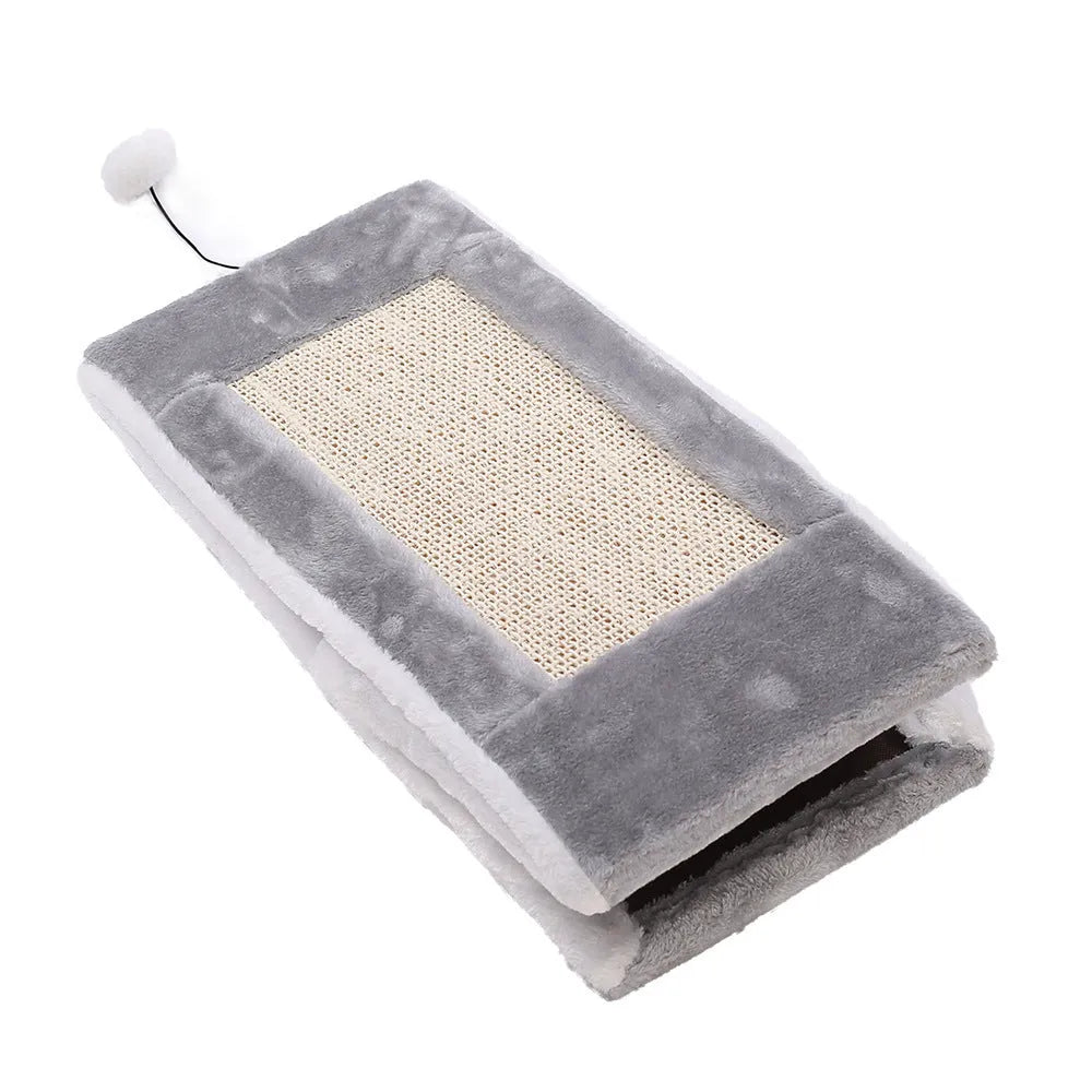 Grey and white triangular cat bed with integrated sisal scratching panels on the side.