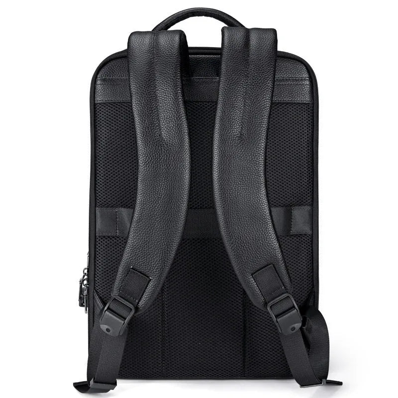 Black genuine leather men's business computer backpack with curved shoulder straps