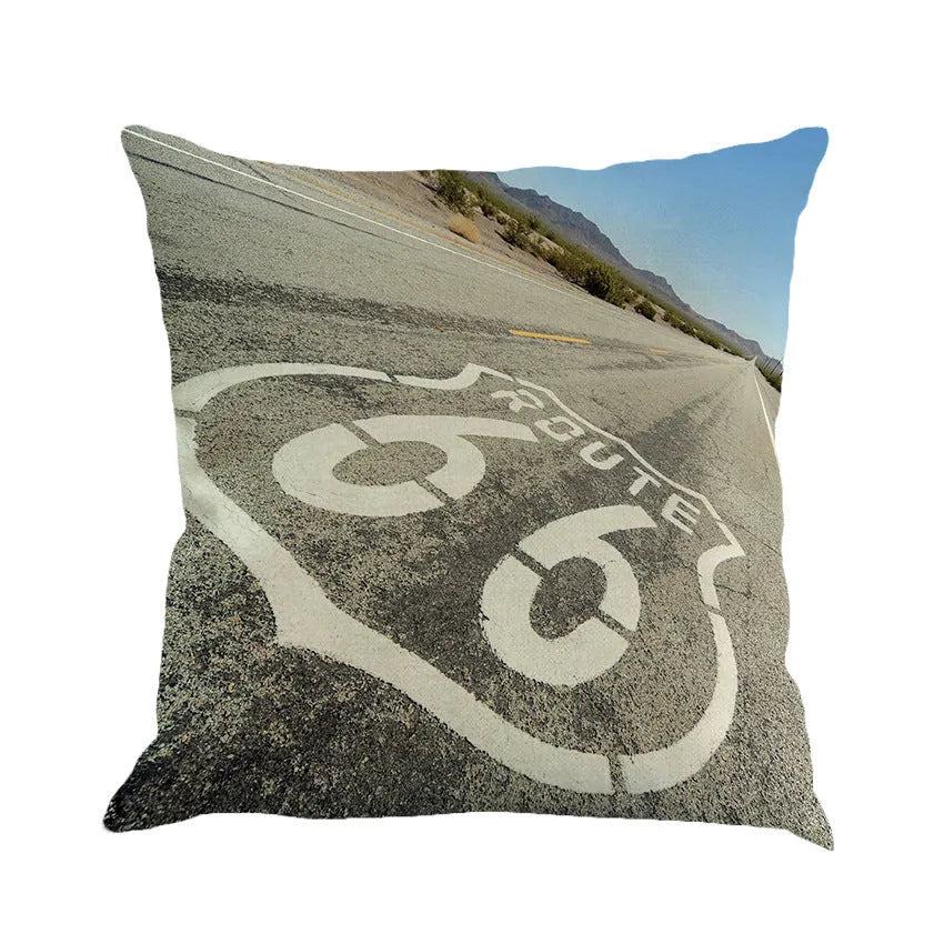 European style linen cushion cover with Route 66 landscape print, 45 by 45 cm.