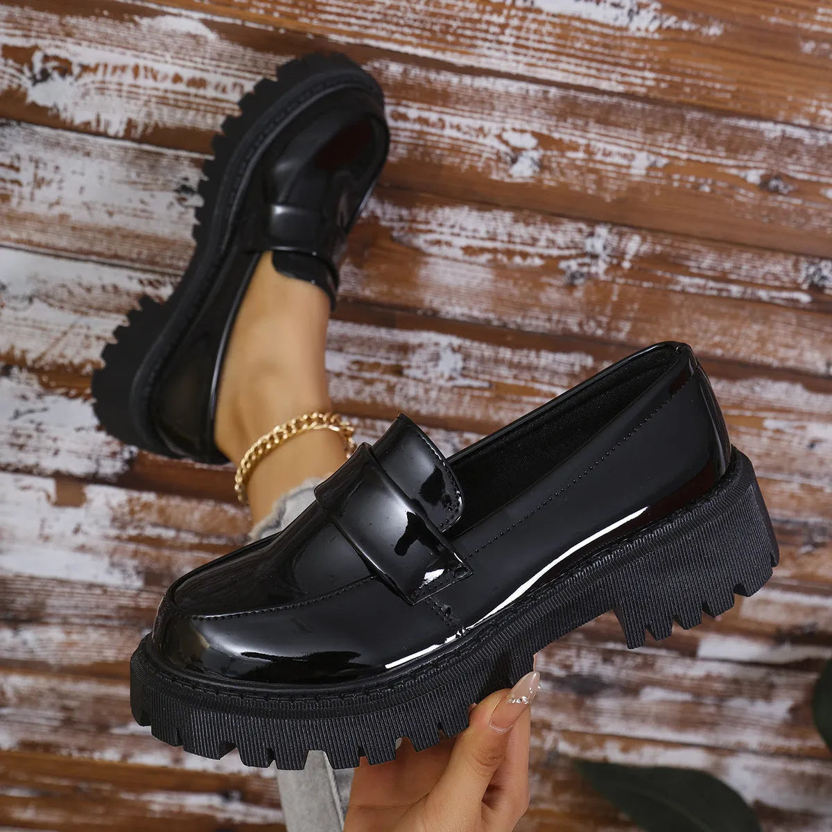 Plus size women's slip-on loafers with chunky platform heel in black, wine red, or green colours