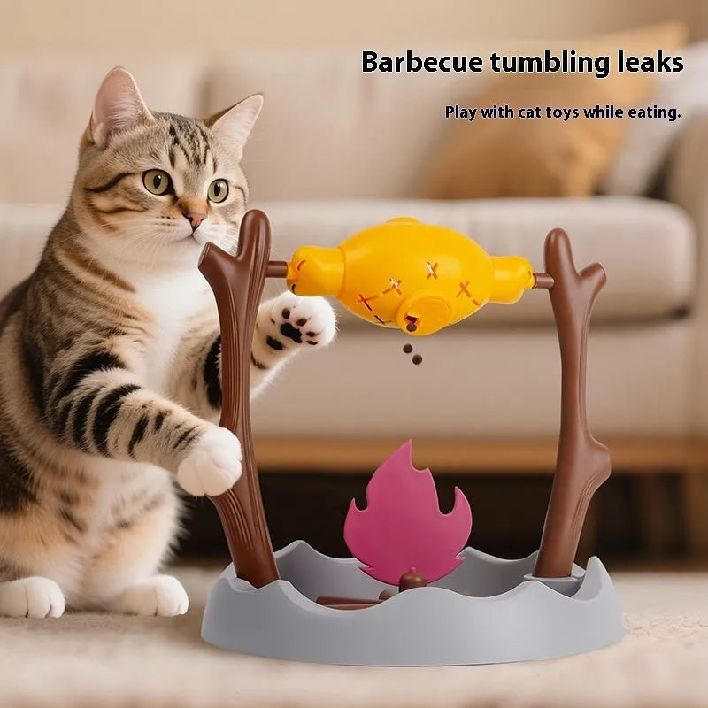 Barbecue-style plastic cat food dispenser toy for tumbling play and slow feeding