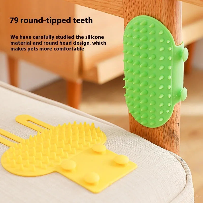 Silicone cat grooming massage comb with rounded teeth and adjustable mounting strap in assorted colours