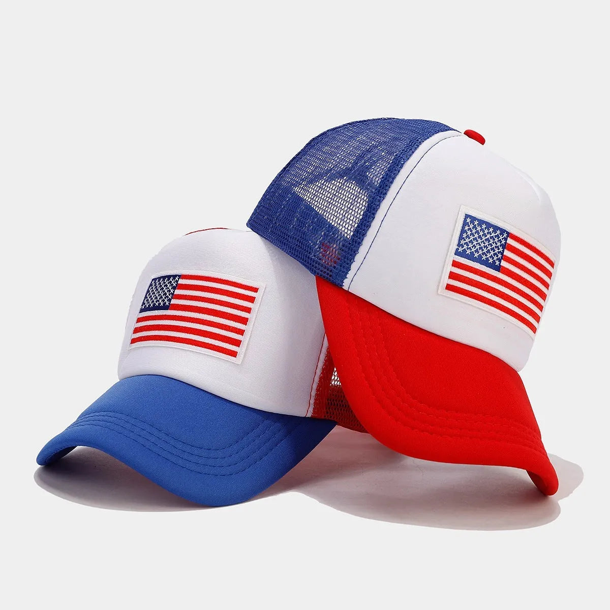 Red and blue contrast mesh adjustable baseball cap on a solid background