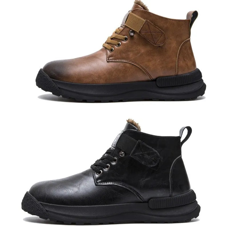 Black high-top platform Martin Boots for men with velvet finish and rubber sole.