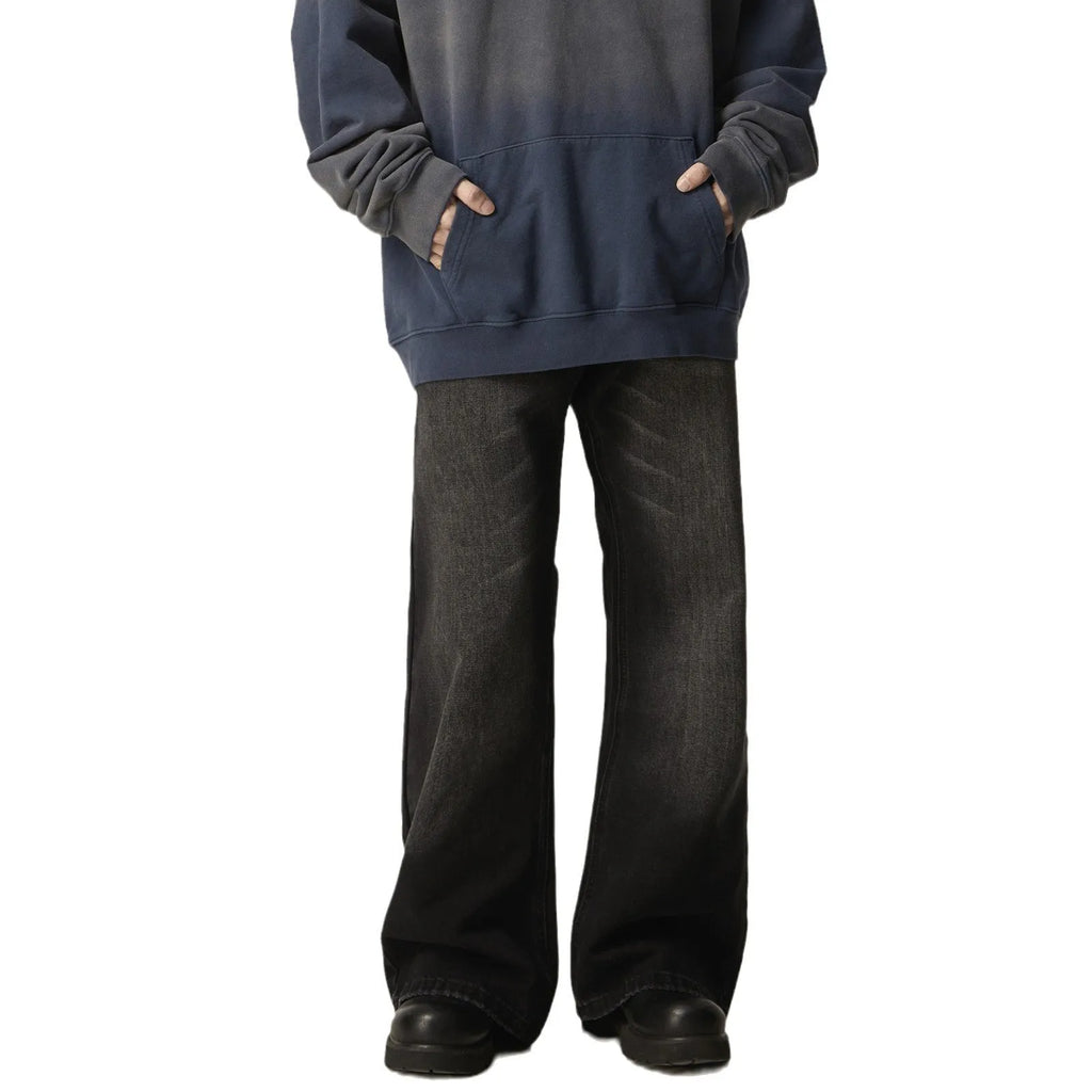 Black loose straight jeans with retro American styling and zipper fly opening