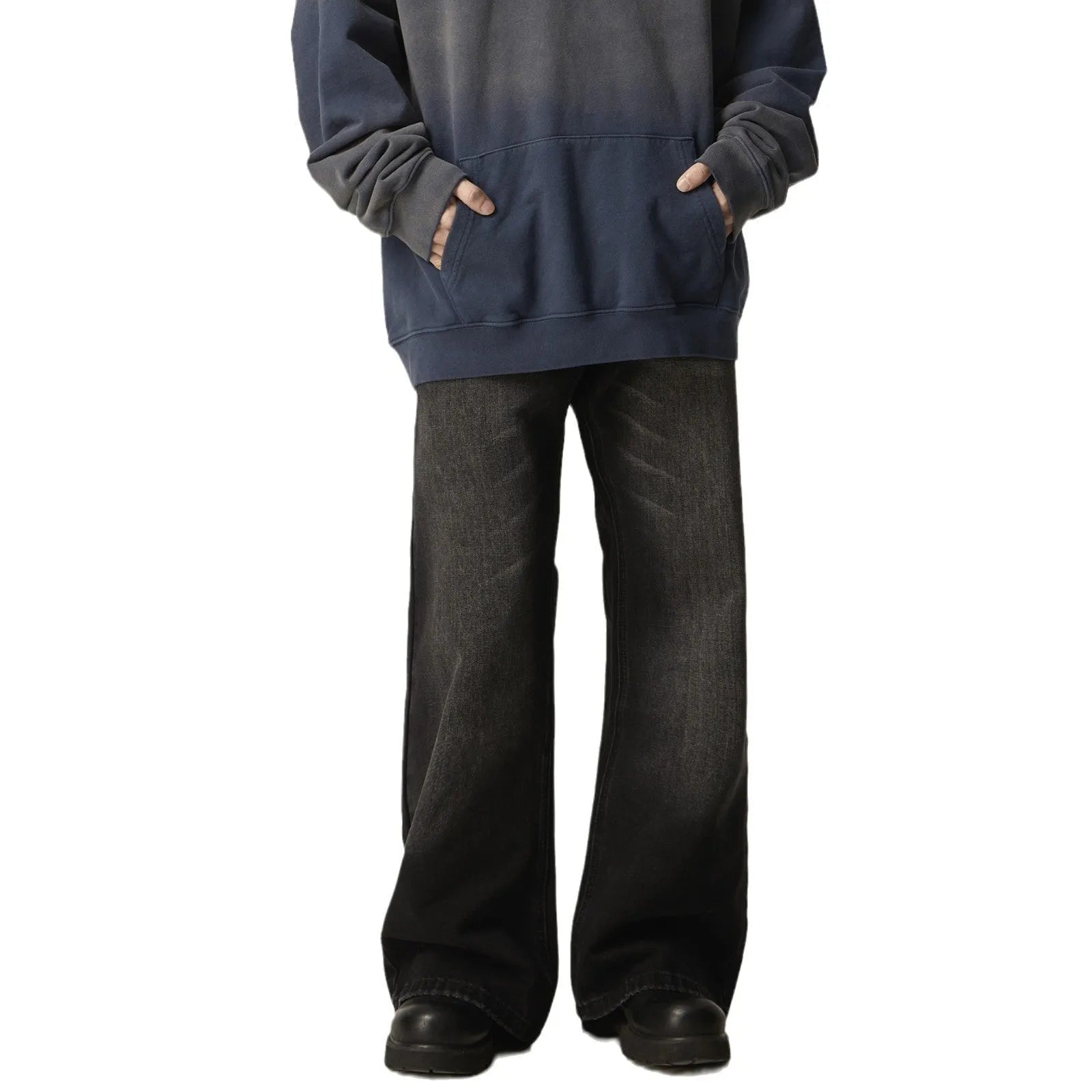 Black loose straight jeans with retro American styling and zipper fly opening