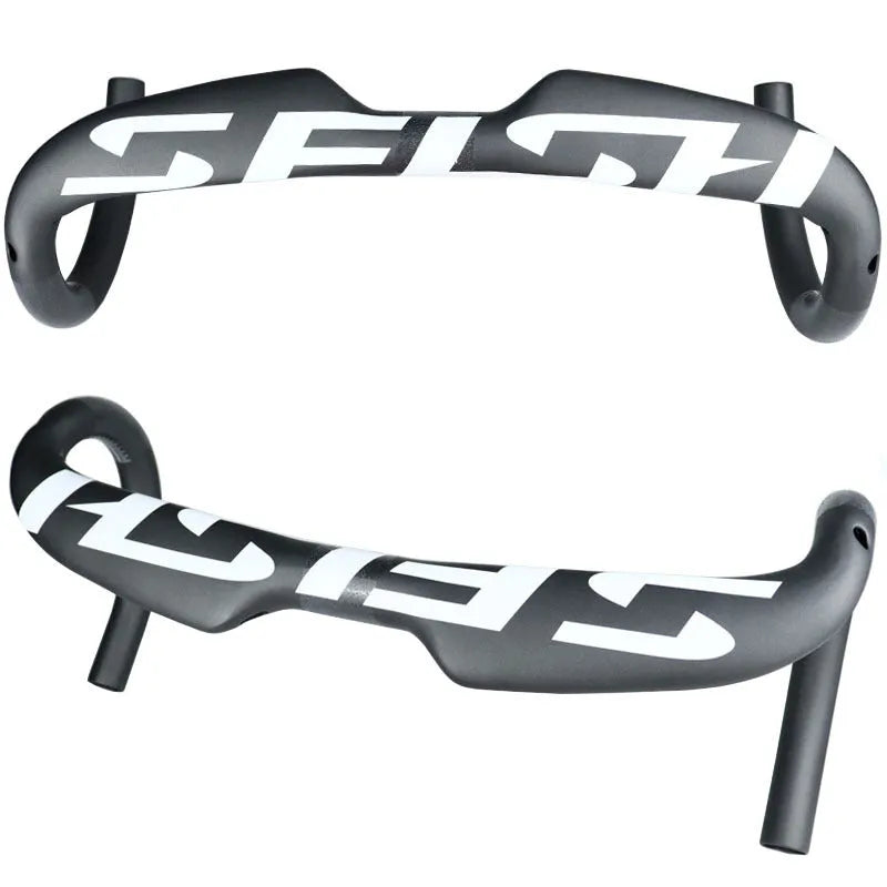 Carbon fibre road bicycle drop handlebar with internal cable routing in black, white, or matte white finish.