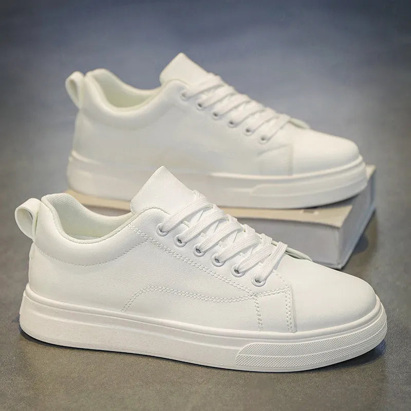 Men's Korean-style breathable sneakers in all black, all white, and black on white colour options