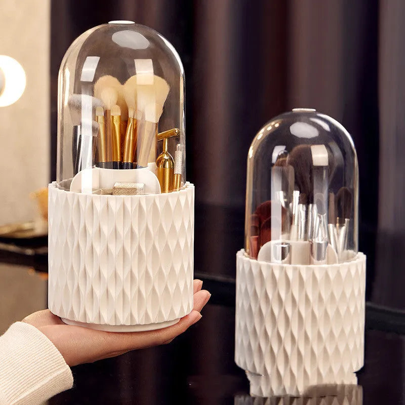 White rotating transparent acrylic makeup brush holder with dustproof lid on desktop