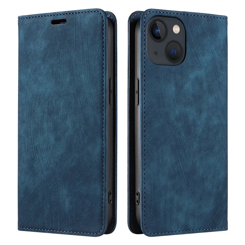 Magnetic leather flip phone case for iPhone in solid colours showing front and back views.