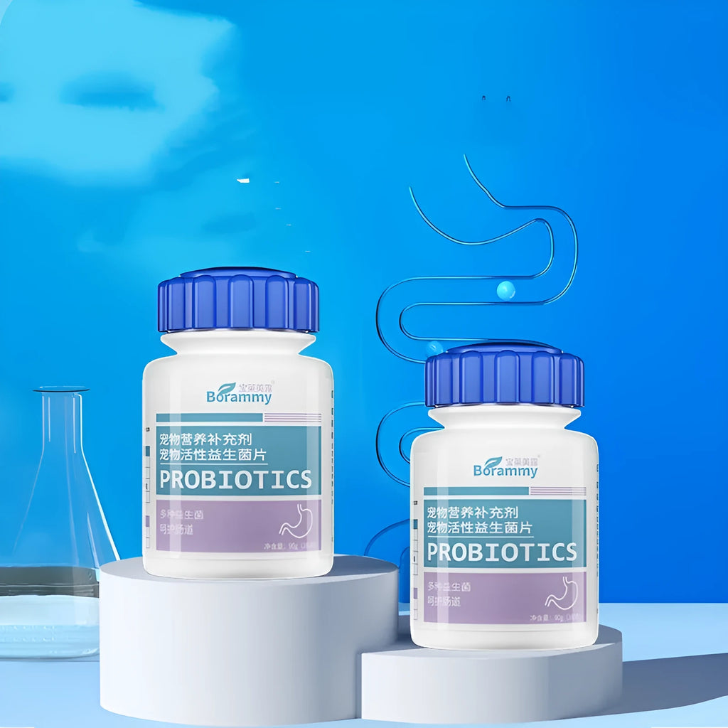 Bottle of 180 pet probiotic tablets for digestive health support in dogs and cats