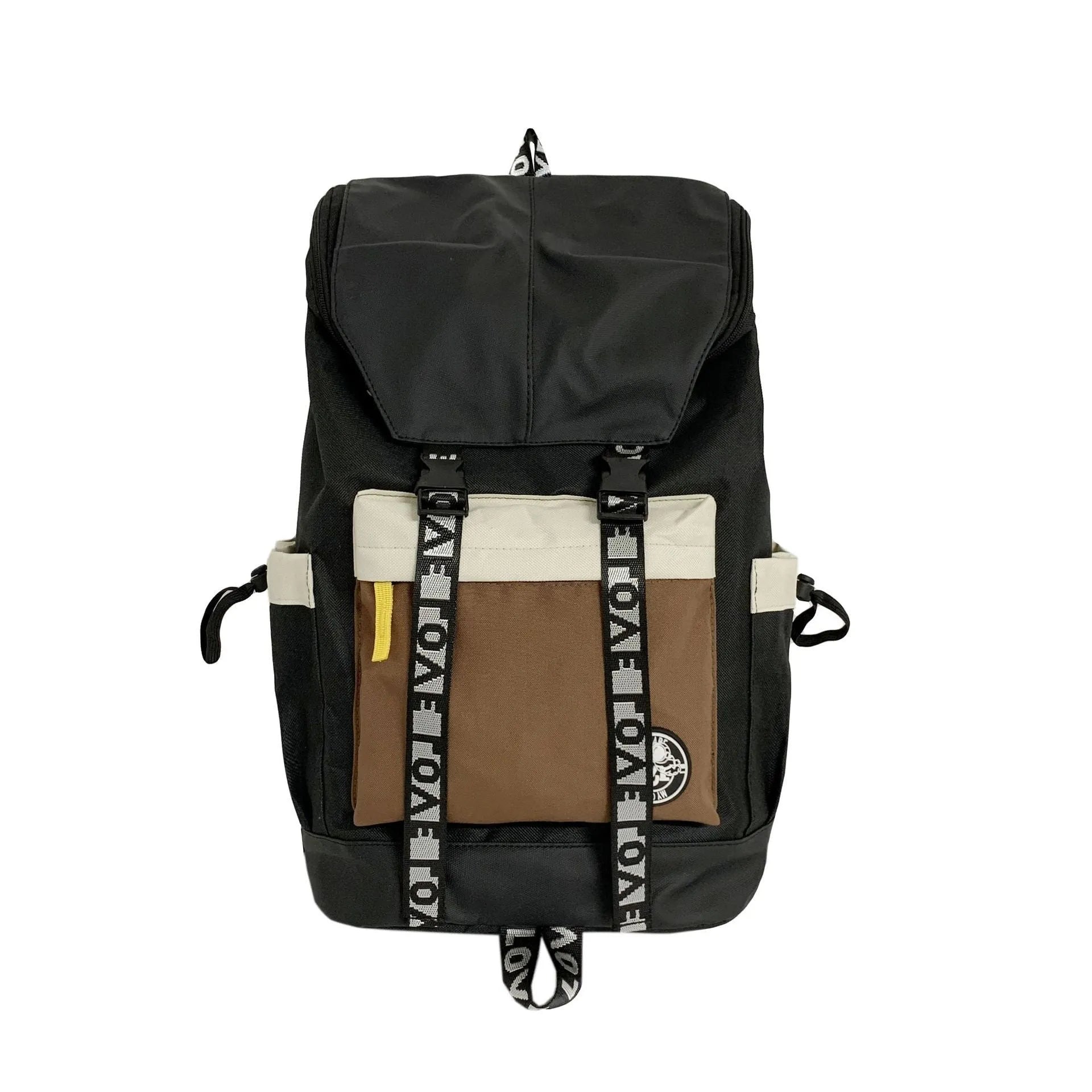 Oxford cloth backpack in black showing handheld strap and shoulder straps