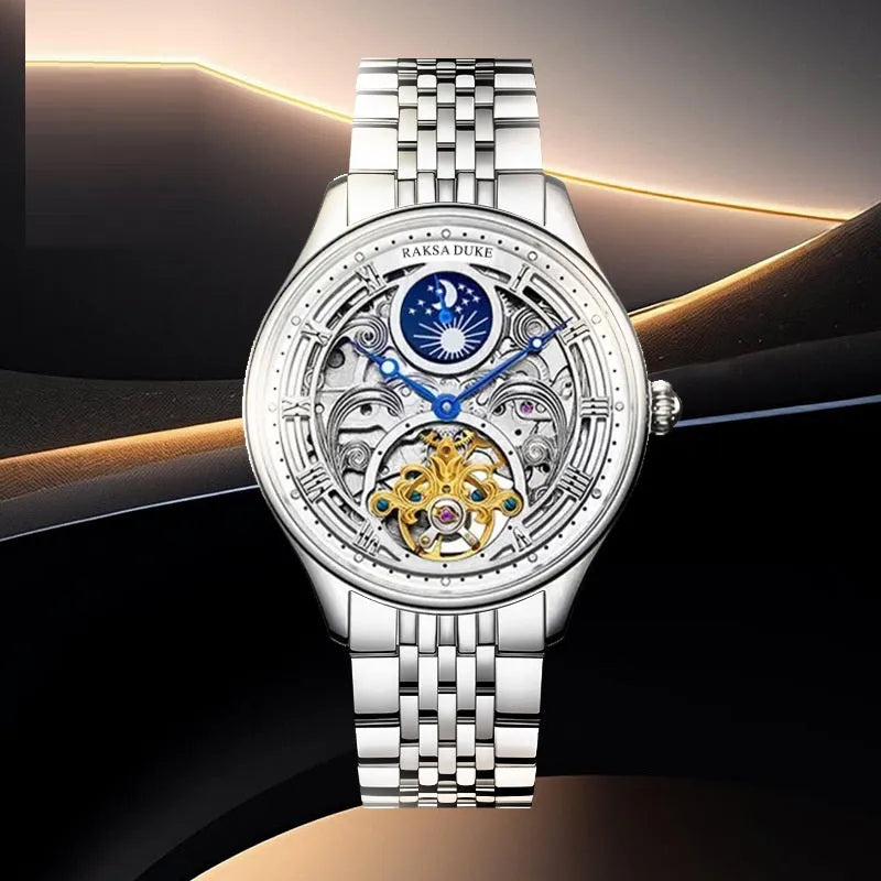 Waterproof business watch with steel strap showing 16mm thickness and hollow case design
