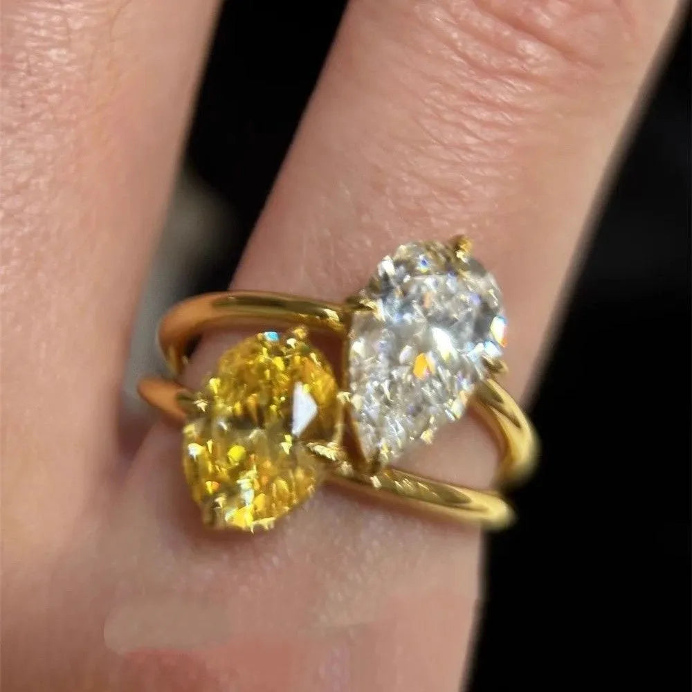 Water drop contrast colour zircon geometric open ring for women with copper construction