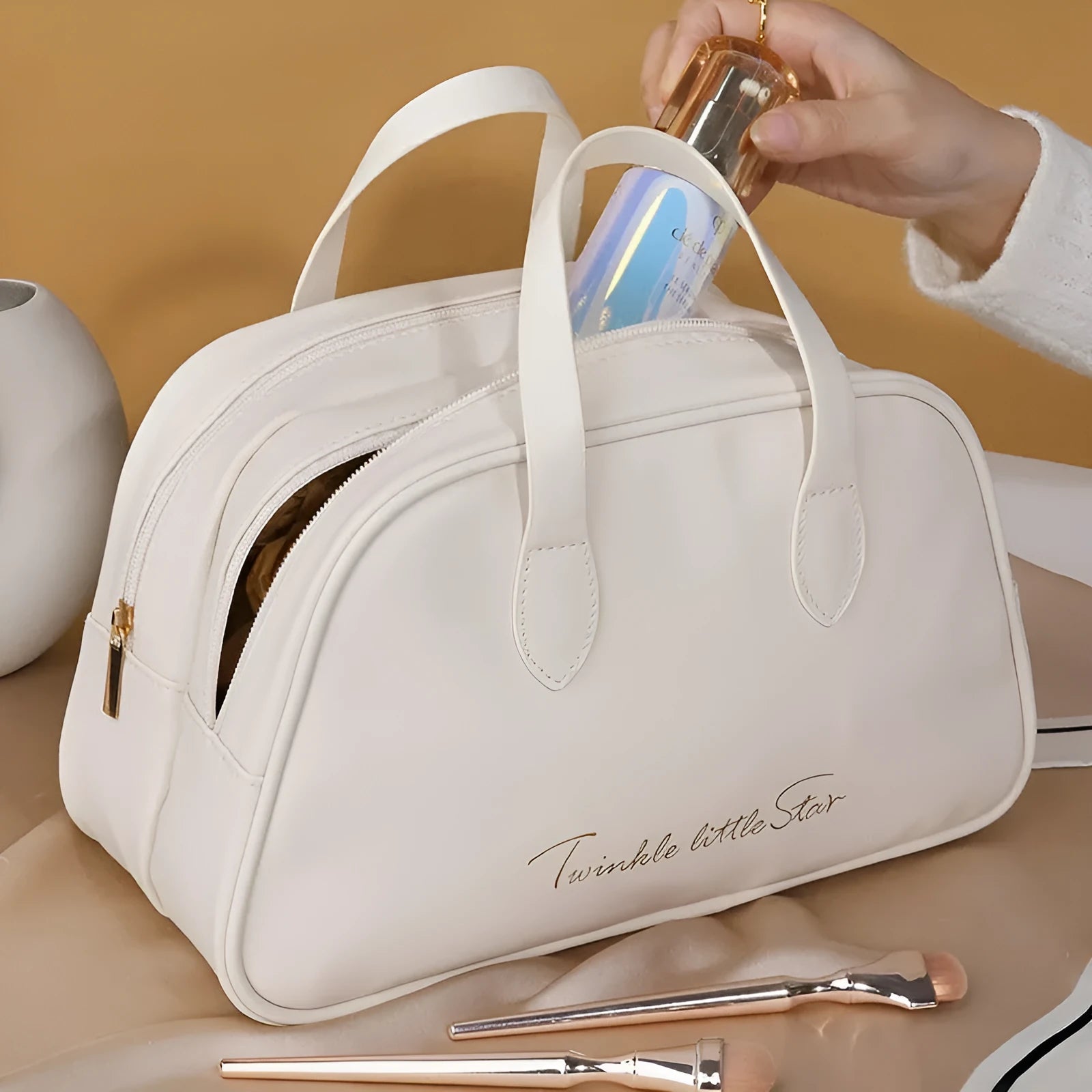 Large capacity PU leather travel toiletry bag in caramel mocha colour with dry wet separation compartment