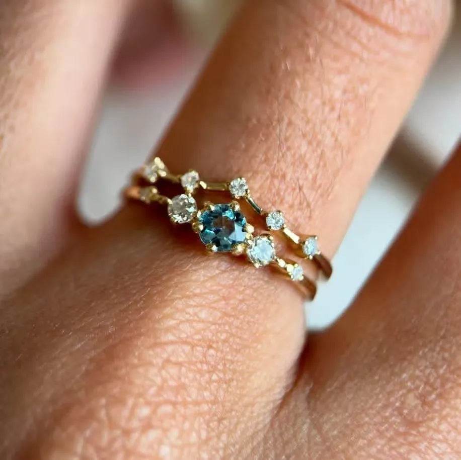 Alloy Flower Ring with Gold Sea Blue Diamond Design for Women Available in Sizes No 6 to No 10 Electroplated Finish Simple Couple Style Jewelry Ring Female