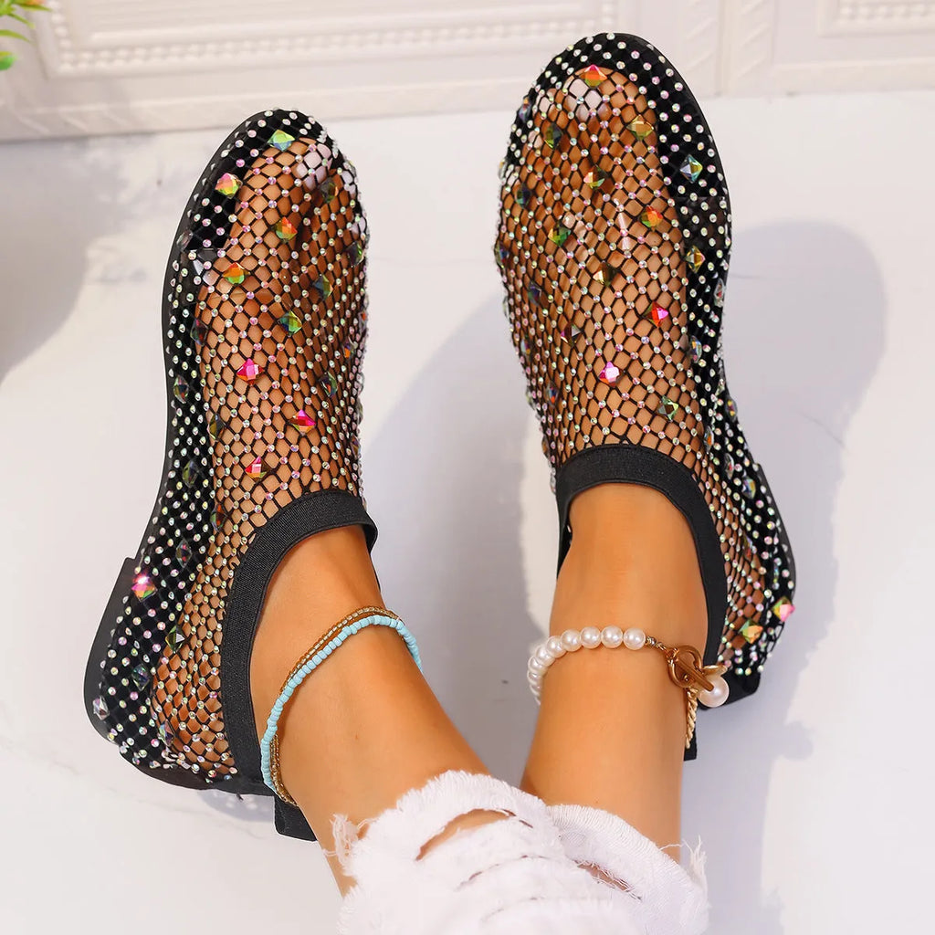 Women's flat sandals with mesh uppers, colourful rhinestone decoration and rubber soles