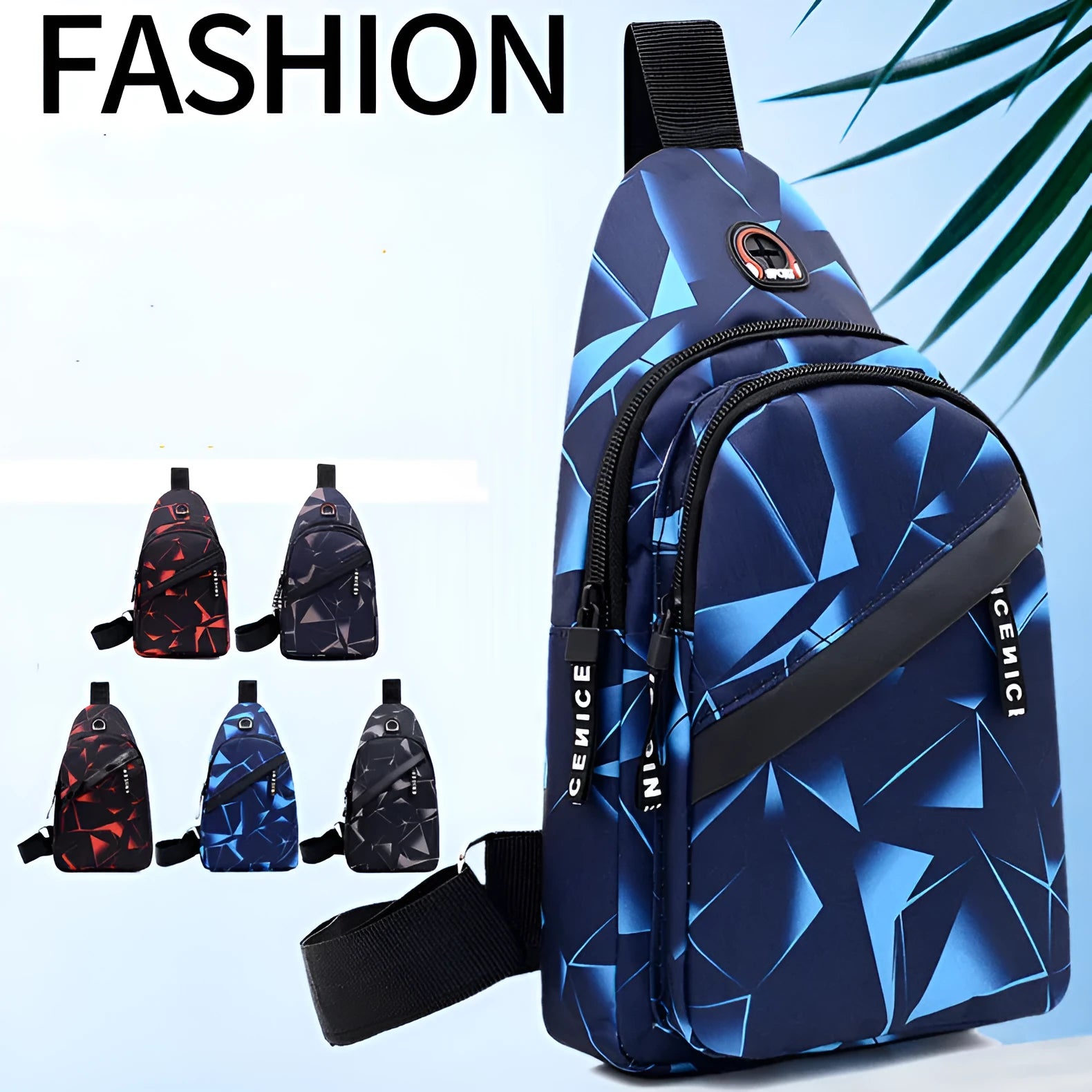 Black print sling chest crossbody bag with earphone hole and zipper pocket.