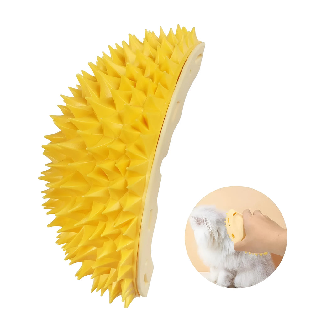 Yellow durian-shaped cat corner scratcher and massage comb with cat mint powder on a wall corner.