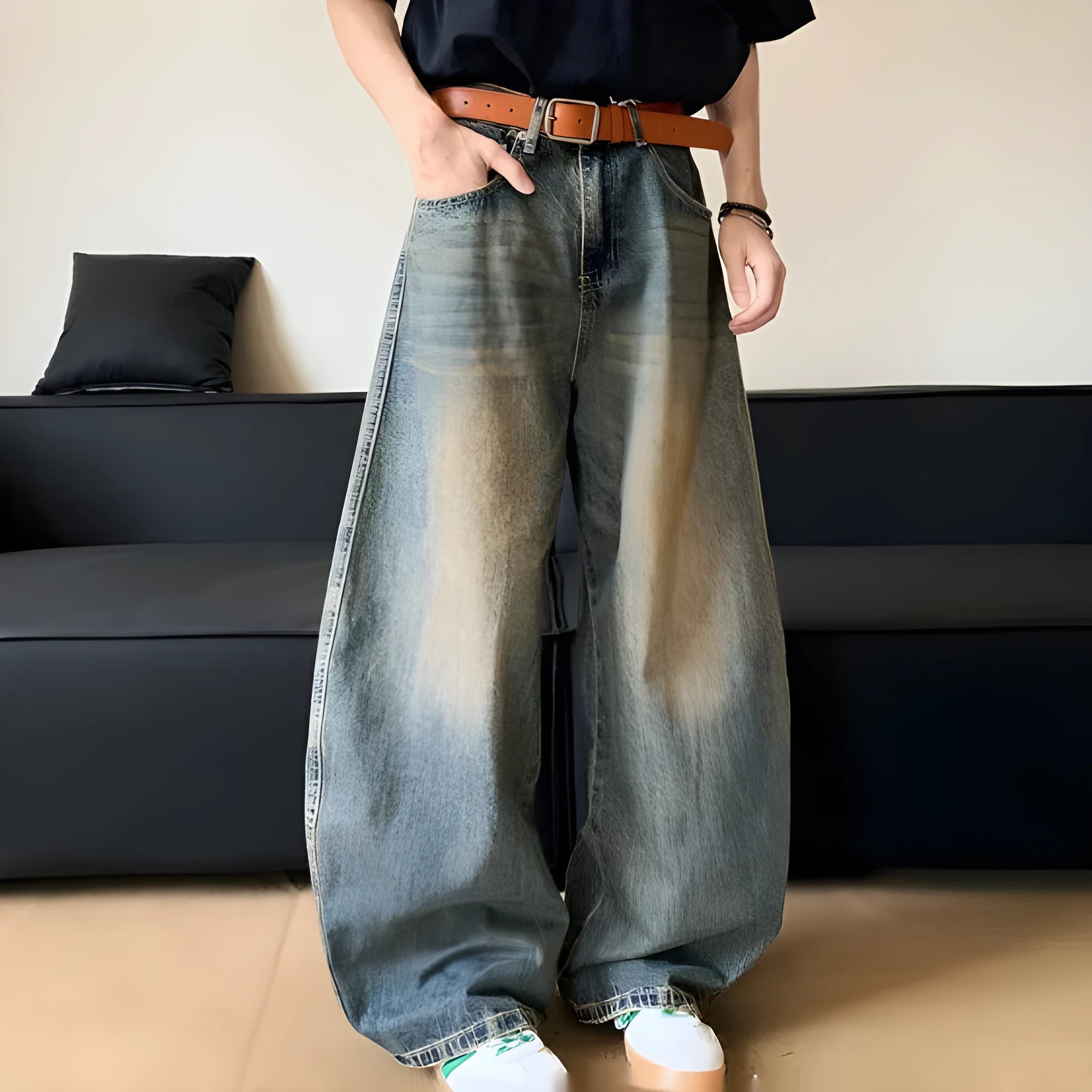 Men's retro blue distressed denim jeans with a wide-leg slim fit and micro elasticity.