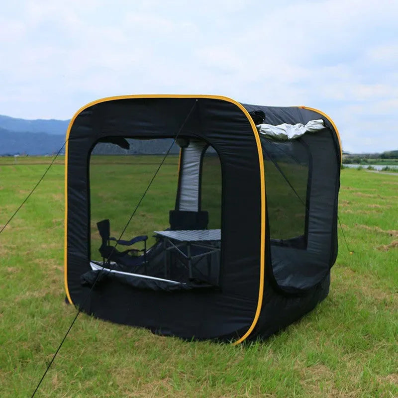 Black pop-up car tail tent with quick-throw design and steel jackstays showing 200cm cube dimensions