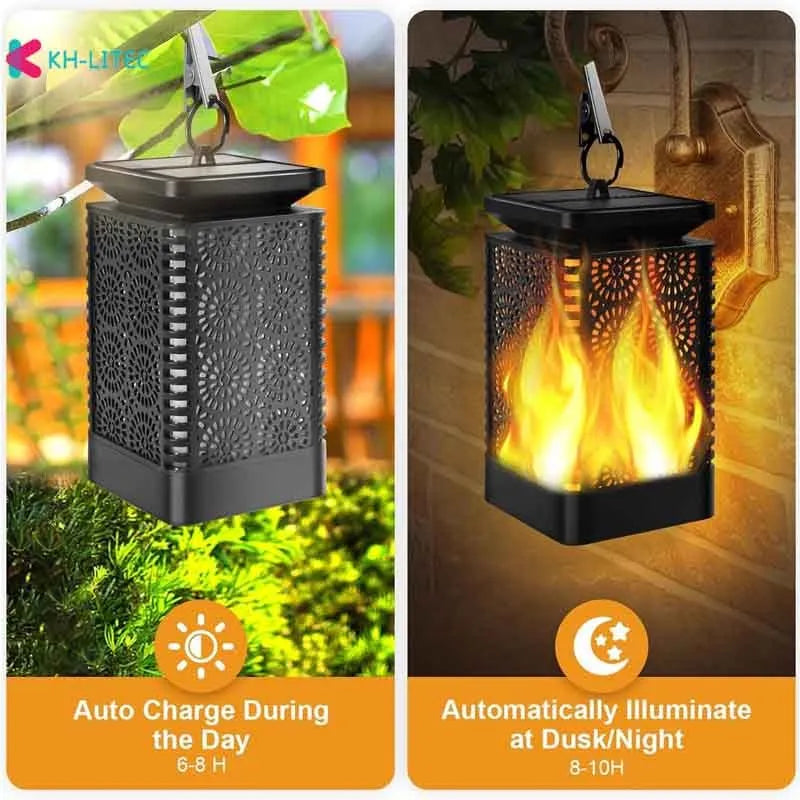 Four black solar-powered hanging torch lights with flickering flame LED effect for garden decoration