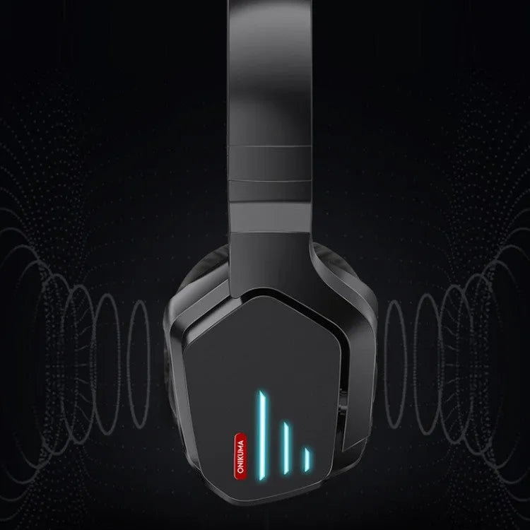 Luminous black wireless gaming headphones with head-mounted design on a dark background