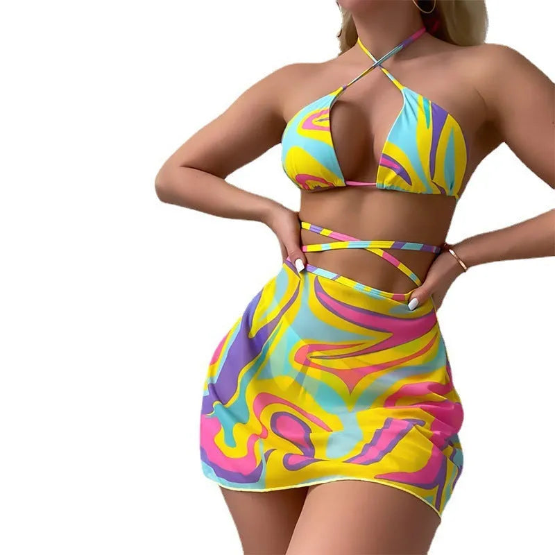 Yellow striped women's halter lace-up swimsuit set with matching skirt and shorts