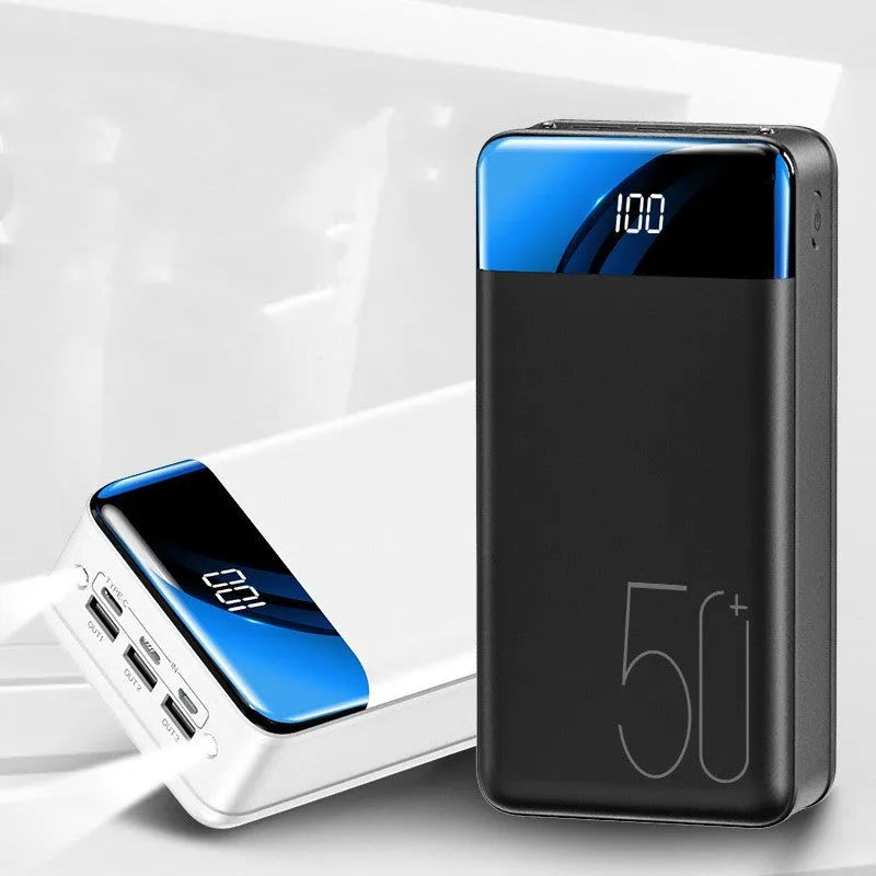 Large capacity 50000mAh power bank in black plastic case with three USB output ports