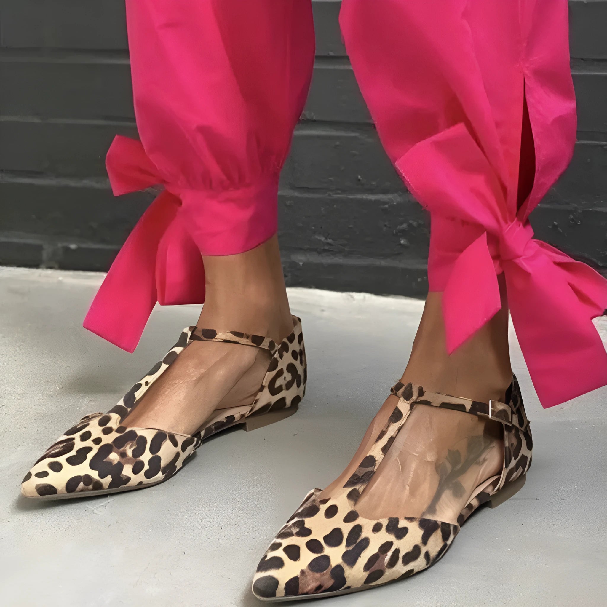 Leopard print women's pumps with a pointed toe and a low chunky heel on a rubber sole.