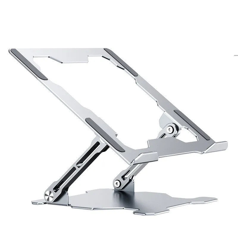 Grey aluminium laptop stand with adjustable angle and folding portable design