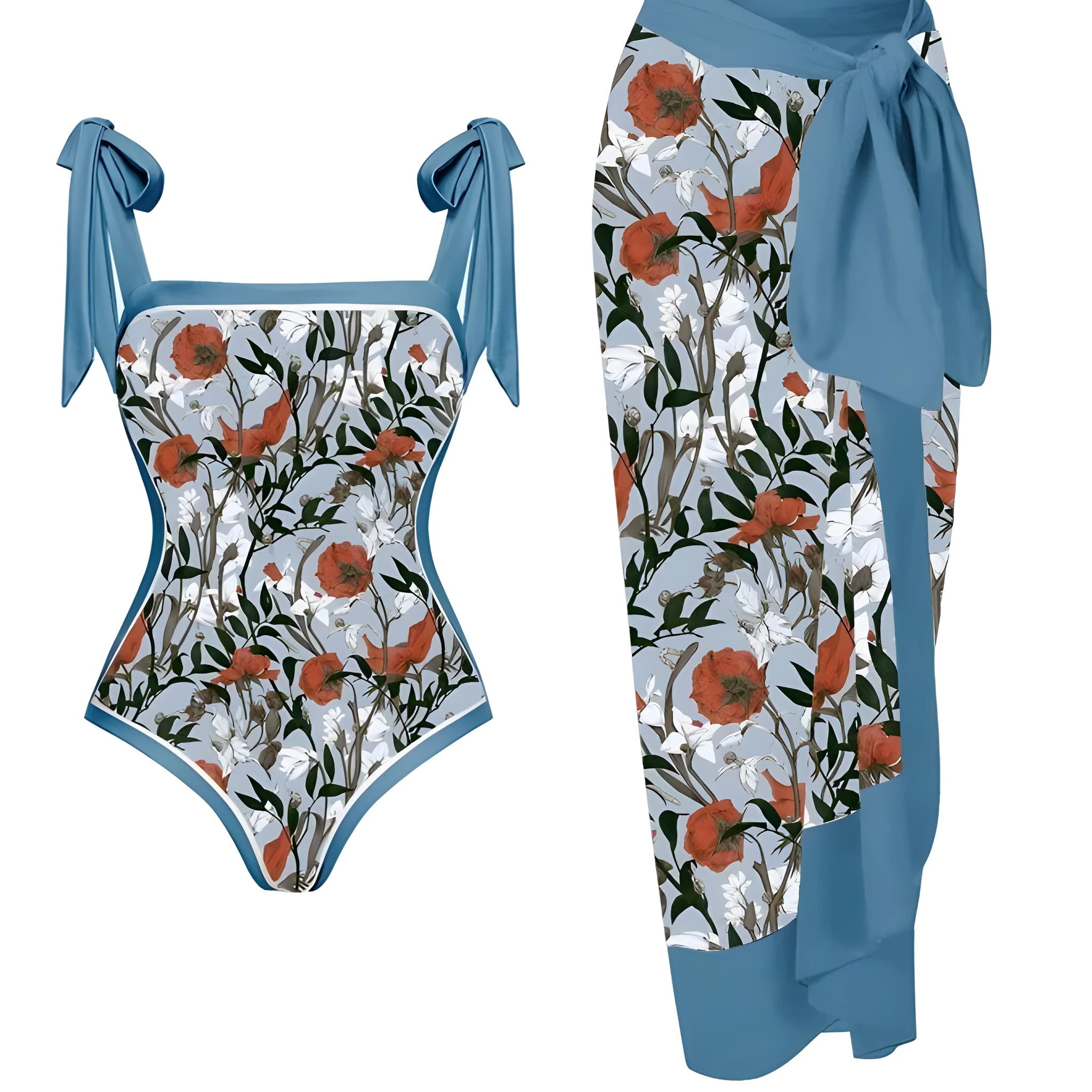 Women's printed floral two-piece swimsuit with chiffon hip skirt in multiple colour options