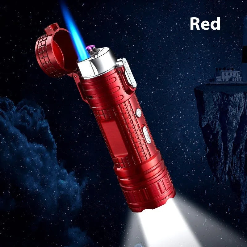 TH727 multifunction metal flashlight lighter shown in camouflage, red, black, blue, and yellow colour options.