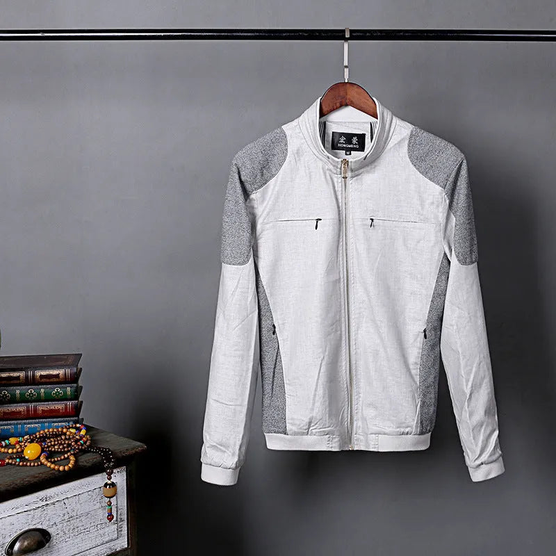 Men's thin cotton linen jacket in heather grey, regular fit, shown on a model.
