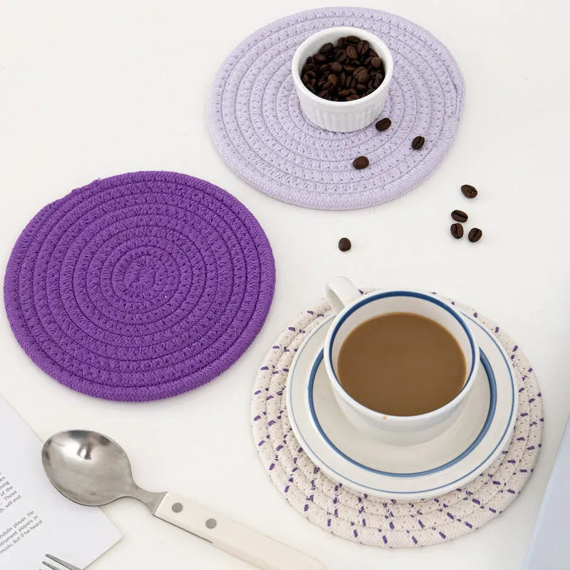 Three round cotton cord coaster placemats 18cm diameter in modern simple style
