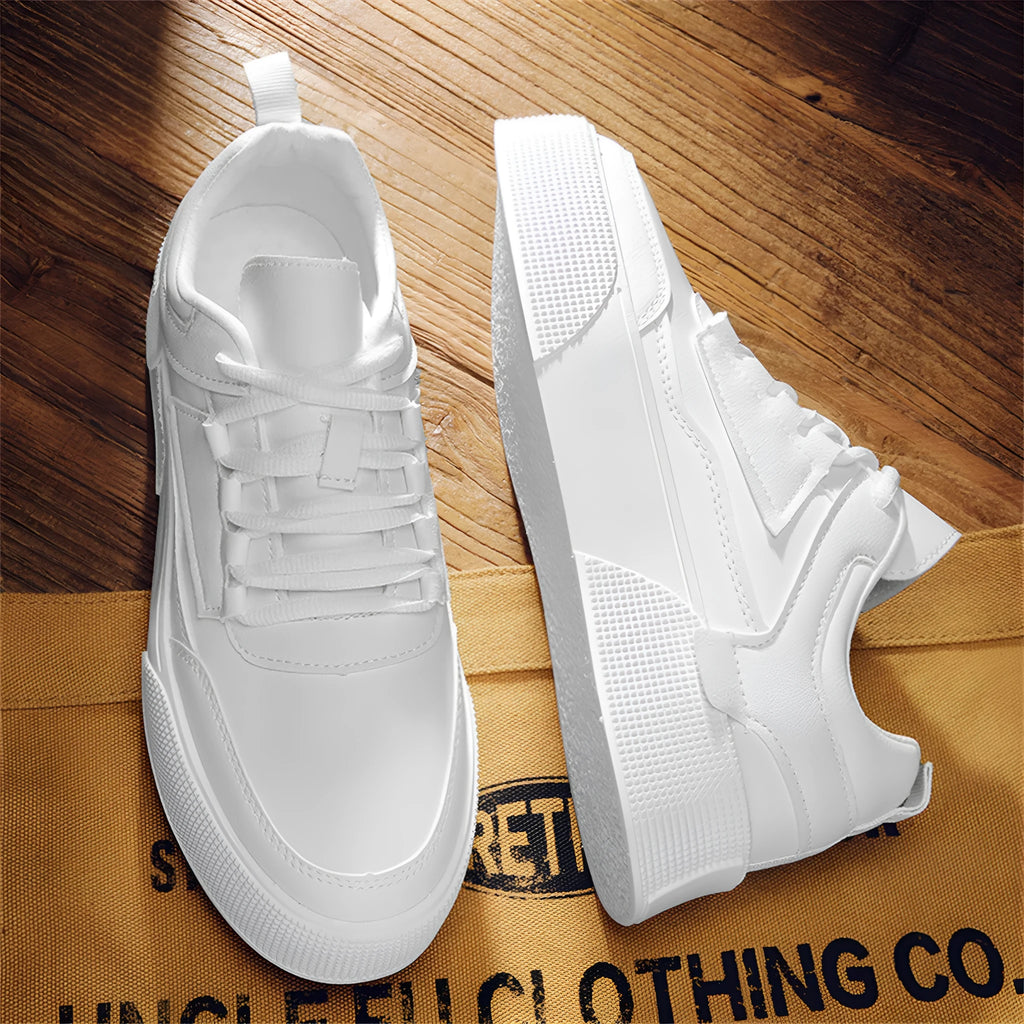 Men's casual sports shoes, artificial PU upper, lace-up round toe flat heel, solid colour ZK802 White
