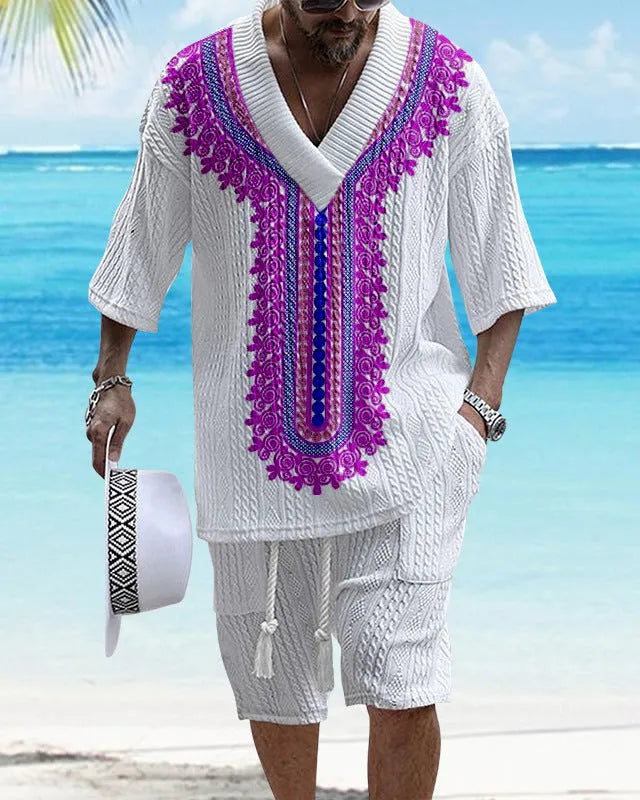Men's printed drop-shoulder knitted short-sleeved top and matching shorts suit in a polyester blend fabric.