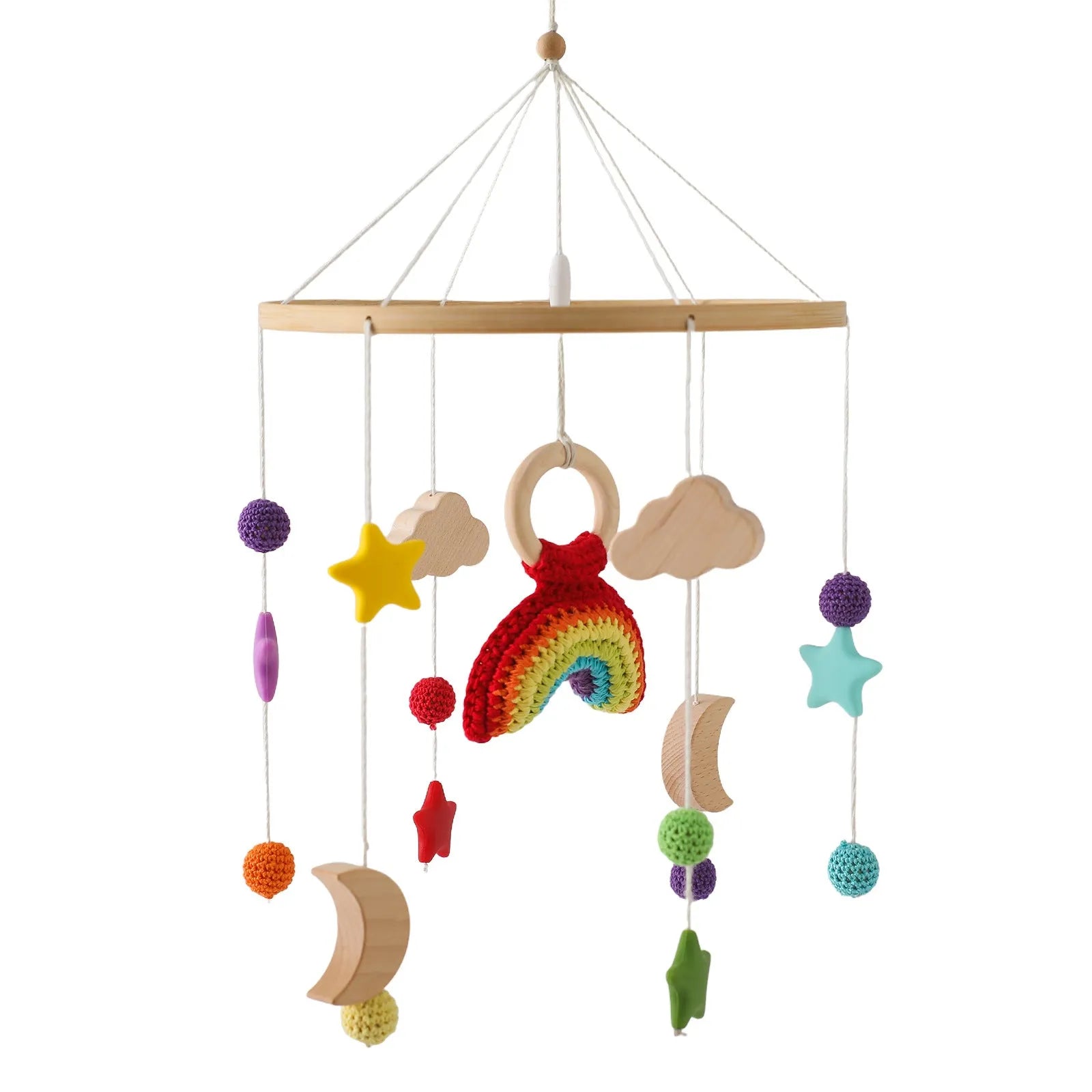 Nordic wooden baby car hanging wind chime with crochet sun design for vision training