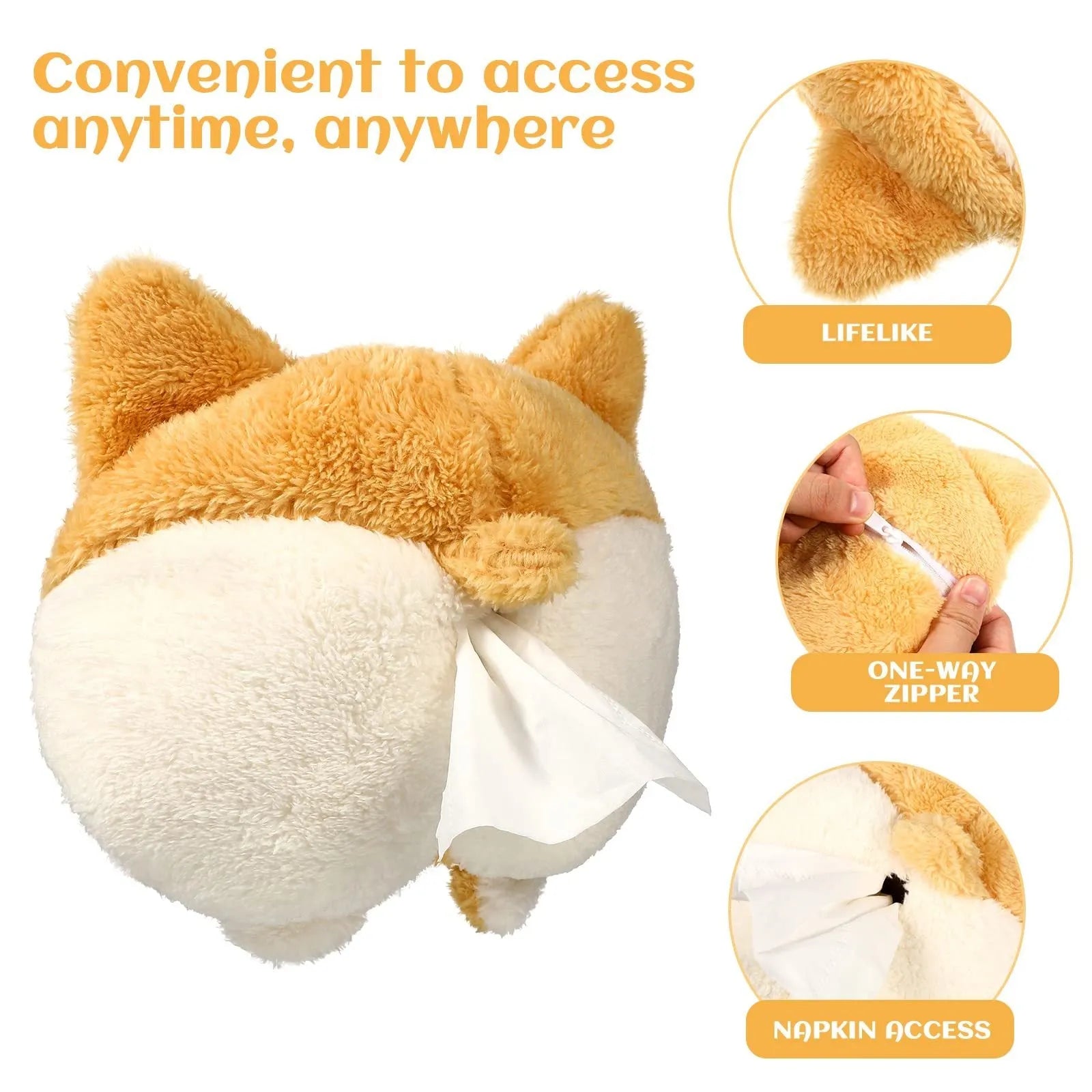 Yellow corgi butt-shaped tissue box cover with elastic back for car sun visor mounting