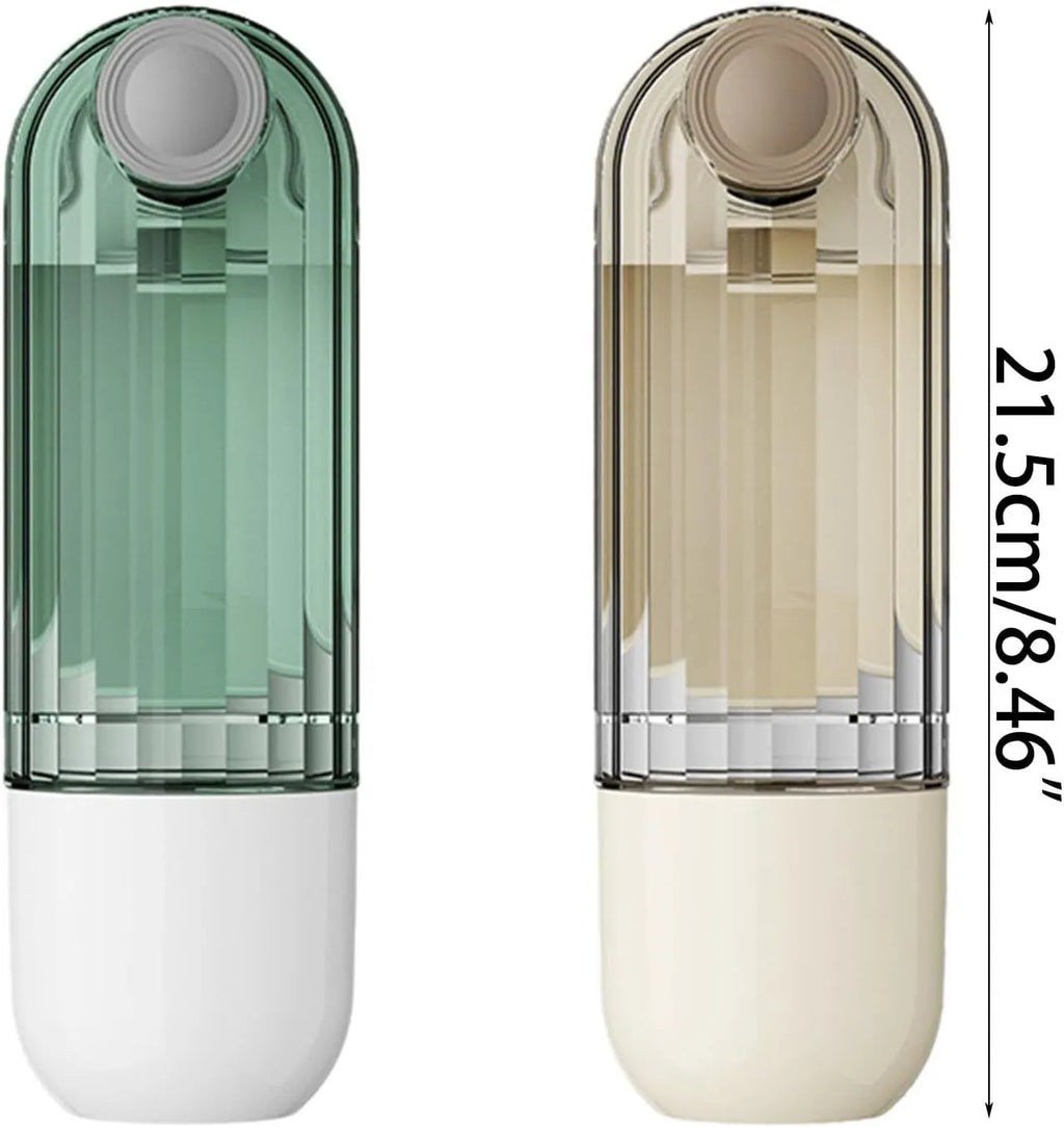Beige and green foldable dog water bottle with food container, shown with press-to-dispense tray.