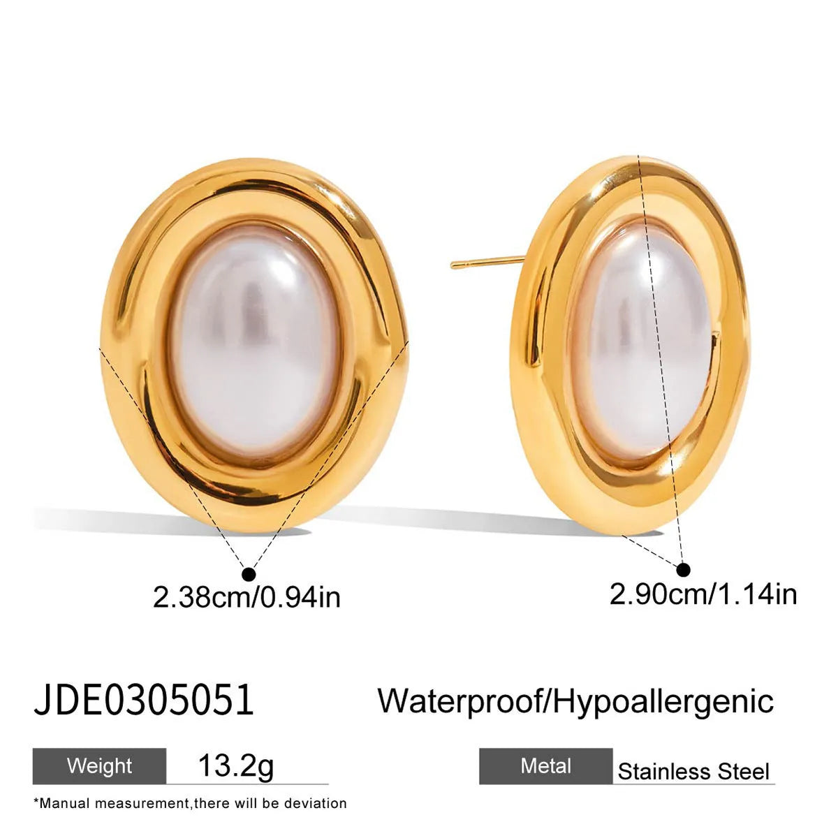 A pair of stainless steel post ear studs with small vintage-style pearl accents on a silver-tone background.