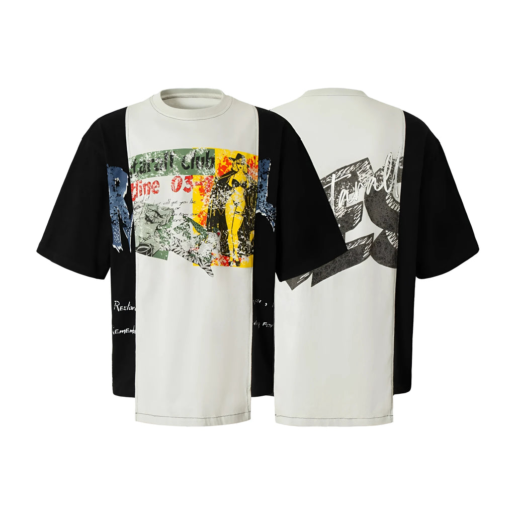 Men's black and white broken collage print loose fit cotton blend t-shirt on hanger