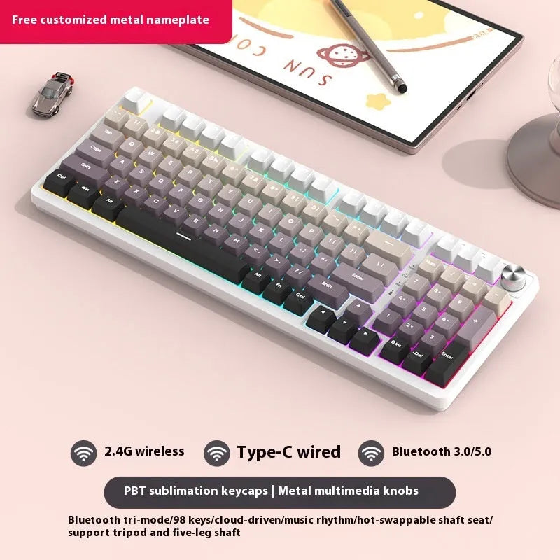 98 key wireless Bluetooth mechanical keyboard kit with metal knob and multiple colour options