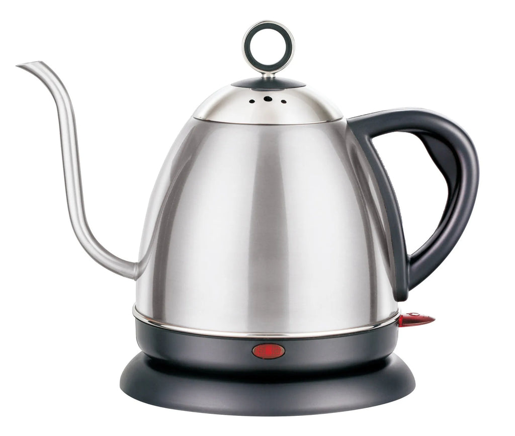 White automatic stainless steel kettle with touch control panel and 1L capacity.